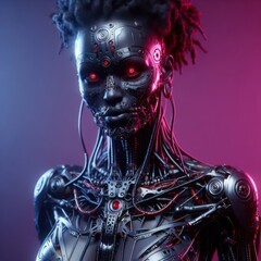 Beautiful black cyborg girl with cybernetic implants portrait created using artificial intelligence