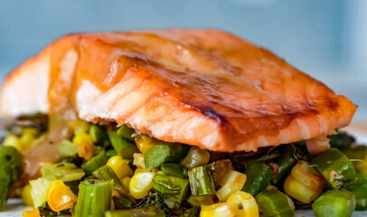Healthy fresh meal on plate, salmon, vegetables. Homemade delicious lunch with salmon, veggies for restaurant, menu, advert or package, close up selective focus