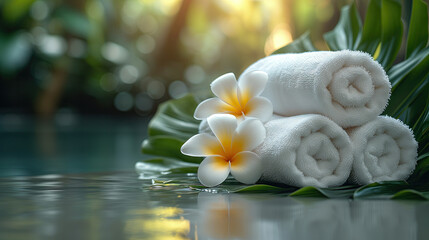 Fototapeta na wymiar Spa towels and frangipani flowers on green leaves background
