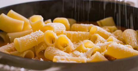 Pasta cooking. Delicious homemade pasta dish, serving food for restaurant, menu, advert or package, close up, selective focus