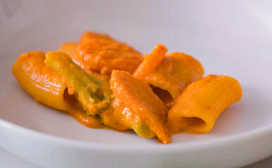 Penne with tomato on plate. Delicious homemade pasta, serving food for restaurant, menu, advert or package, close up, selective focus