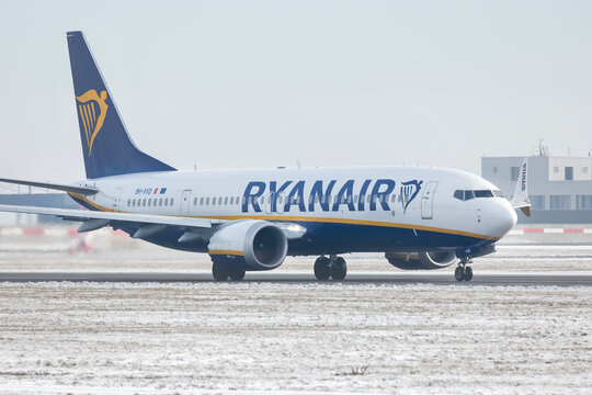 PRAGUE - January 21, 2024: Ryanair Operated by Malta Air Boeing 737 MAX 8-200 REG:9H-VVD at Vaclav Havel Airport Prague. Ryanair Ltd. is an Irish low-cost airline. From Prague to London.