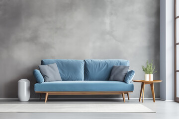 Luxurious blue velvet sofa in Modern Living Space on empty concrete wall background