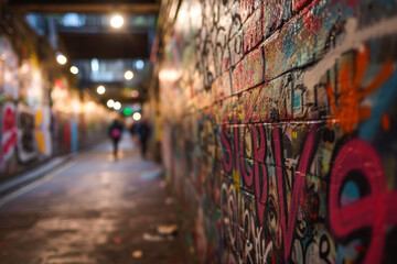 Vivid graffiti wall on a bustling alleyway as evening falls, with a soft bokeh effect