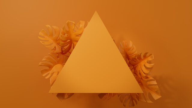 Orange, Trendy Background with Triangle Botanical Frame. Monstera Plant Border with copy-space.