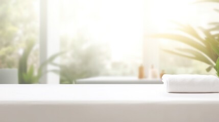 Empty white massage table on blurred spa background, blurry cosmetology scene