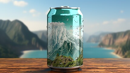 green can of cola with ice and lemon on the ocean background. Generative AI - obrazy, fototapety, plakaty