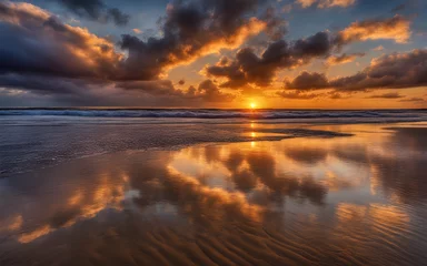 Wall murals Reflection Vibrant sunset with clouds reflected on the wet sand during low tide