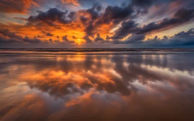 Wall murals Reflection Vibrant sunset with clouds reflected on the wet sand during low tide