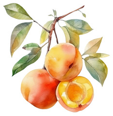 Watercolor illustration of peach, apricot. Fruit, summer. Transparent background, png