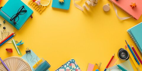 Colorful Travel and Hobby Essentials on Yellow Background with Copy Space