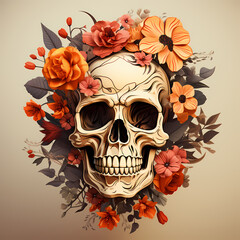 Decorative skull in tribal tattoo. Hand drawn colorful and black illustration isolated on colored background. Floral pattern of plants