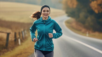 Naklejka premium Young woman jogging on a road at dusk, with a soft focus background of a hilly landscape.