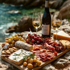 Sliced salami, cheese, bread and wine on the beach. A picnic setting on a beach with a meat charcuterie board and wine for two