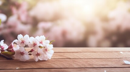 Empty wooden tabletop and spring cherry blossom branch on blurred background for displaying or mounting your products
