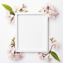 Fototapeta na wymiar White Square Frame Surrounded by Flowers on White Background