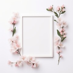 Naklejka na ściany i meble White Frame With Pink Flowers on White Background