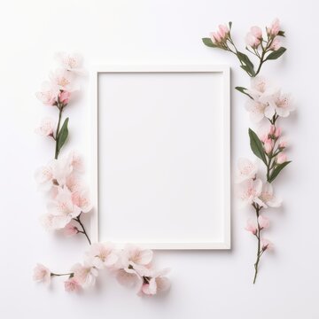 White Frame With Pink Flowers on White Background