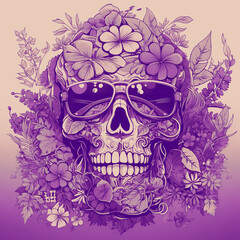 Decorative skull in tribal tattoo. Hand drawn colorful and black illustration isolated on colored background. Floral pattern of plants