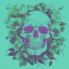 Decorative skull in tribal tattoo. Hand drawn colorful and black illustration isolated on colored background. Floral pattern of plants
