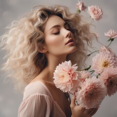Blonde Woman Holding Pink Flowers