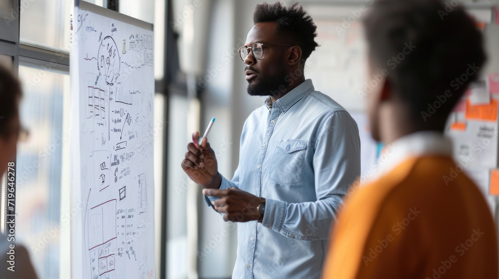 Poster man presenting or explaining something in front of a whiteboard with various colorful charts, diagra