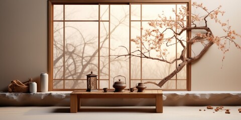 Luxurious product display backdrop with Asian style elements including a wooden table top, dried tree branch, and sunlight coming in through a window onto a traditional Japanese lattice frame wall