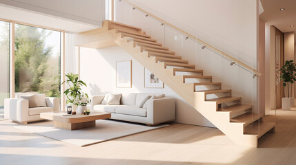 A sleek, light-colored wooden staircase with glass balustrades, softly lit by LED strips under the handrails, in a bright, contemporary living space.