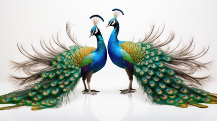 Fototapeta premium Feathered Duo: Two peacocks with vibrant feathers, isolated on a clean white background,