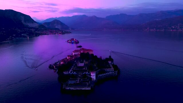 Beautiful pink sunset on Lake Maggiore Aerial view 