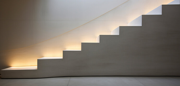 A sleek, white concrete staircase with hidden lighting, offering a clean and modern aesthetic.