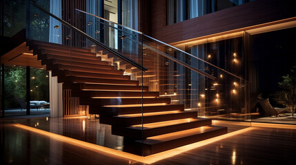 A sleek, wooden staircase with glass balustrades, gently lit by LED strips under the handrails, set against a modern, artistic backdrop.