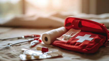 First aid kit with a white cross on a red bag, surrounded by various medical supplies - obrazy, fototapety, plakaty