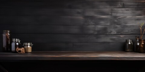 Black wooden table for displaying products in a dark interior.