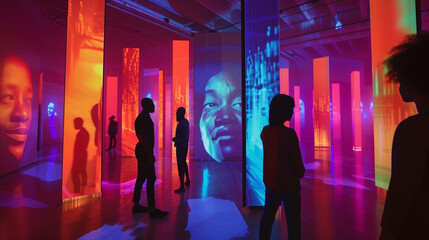 A multimedia art installation inviting viewers to engage with interactive exhibits and immersive storytelling experiences that explore the themes of identity, resilience, and cultu - obrazy, fototapety, plakaty