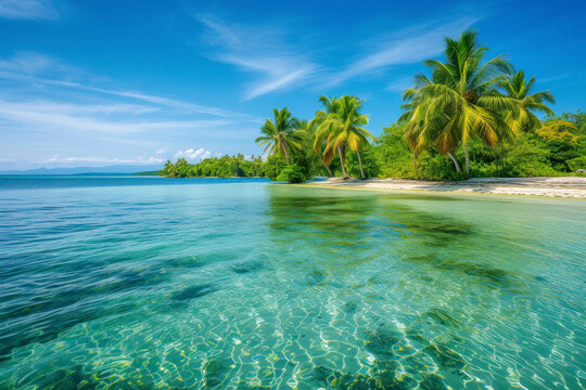 Tropical island paradise, a paradisiacal image showcasing a tropical island with crystal-clear waters and lush greenery, creating an inviting and exotic scene for luxury travel, beach resorts.