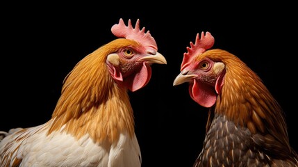 Fototapeta premium Two brown chickens engaged in lively conversation, with beaks close together, against a mysterious black background,