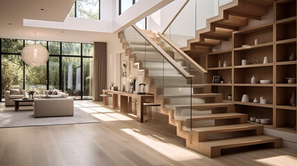 A sophisticated light oak staircase with glass sides, enhancing the visual flow of light in an upscale, modern residence.