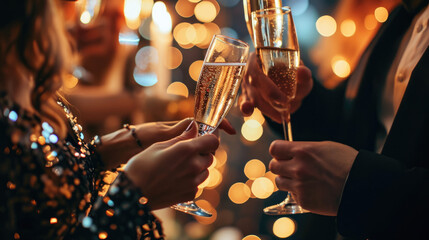 Close-up of two people in formal attire toasting with champagne glasses.