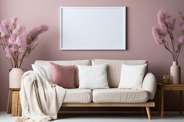Beige sofa with pink and white cushions with an empty photo frame on a pink wall and tables with vases and flowers on the sides