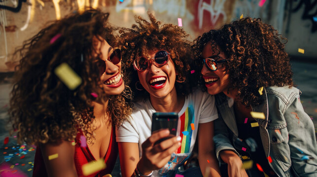 Joyful friends are taking a selfie during a celebration with confetti flying around them.