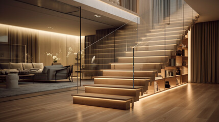 A sophisticated wooden staircase with clear glass sides, discreet LED strips under the handrails enhancing the luxury of a contemporary interior.