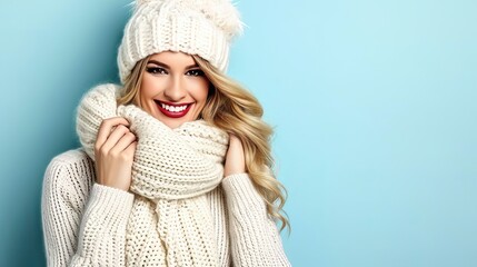Smiling woman with scarf and knitted hat isolated on pastel background with copy space