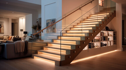 A sophisticated wooden staircase with clear glass balustrades, subtly illuminated by LED lighting beneath the handrails, in an elegant, contemporary house.