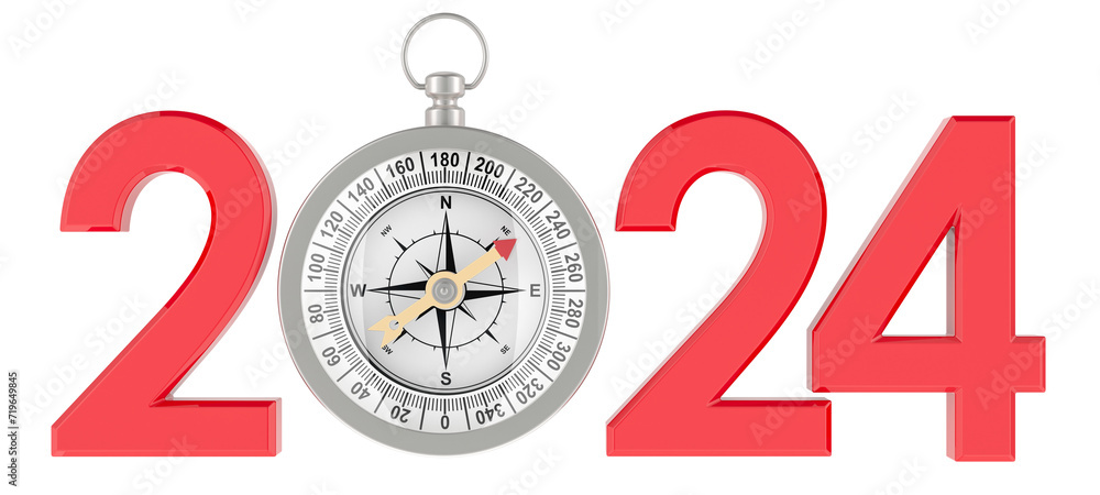 Poster 2024 with compass, 3d rendering isolated on transparent background