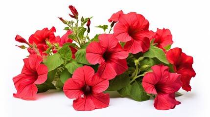 Bouquet of red petunias isolated on a clean white background, showcasing the vibrant colors and floral elegance of these garden blossoms, perfect for conveying the charm of botanical beauty - obrazy, fototapety, plakaty