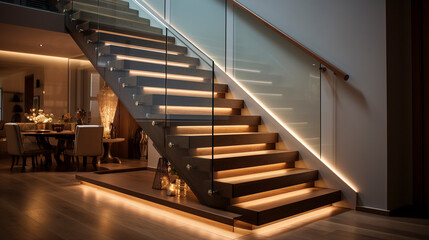 A sophisticated wooden staircase with clear glass balustrades, subtly illuminated by LED lighting beneath the handrails, in an elegant, contemporary home. - obrazy, fototapety, plakaty