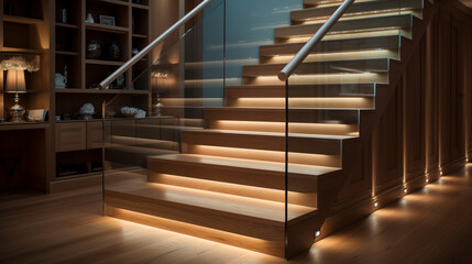 A sophisticated wooden staircase with clear glass balustrades, discreet LED strips under the handrails enhancing the luxury of a contemporary interior. - obrazy, fototapety, plakaty
