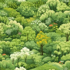 A Painting of a Verdant Forest With Towering Trees