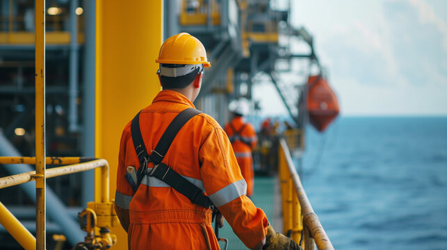 Workers on the oil platform, equipment of workers on the oil platform, safety at work, ai generative